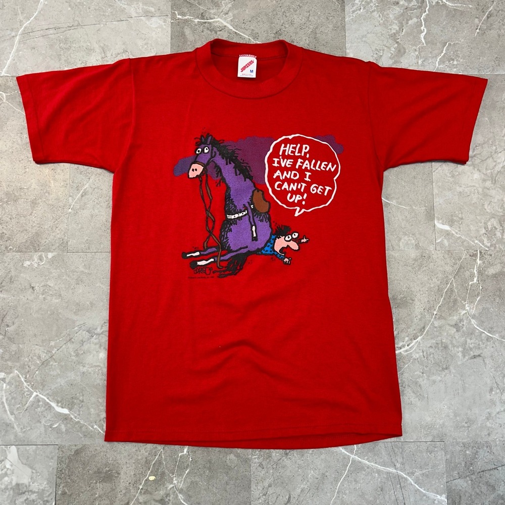 90s Vintage Funny Graphic Tee Mens Medium Donkey Fallen I Cant Get Up Shirt
